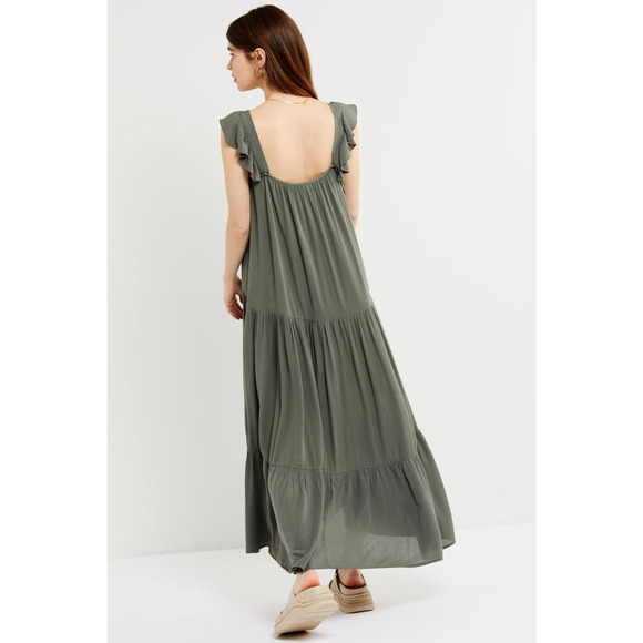 BB Dakota Tiered Ruffled Sleeveless Scoop Neck Maxi Maternity Dress Green L - Picture 2 of 10